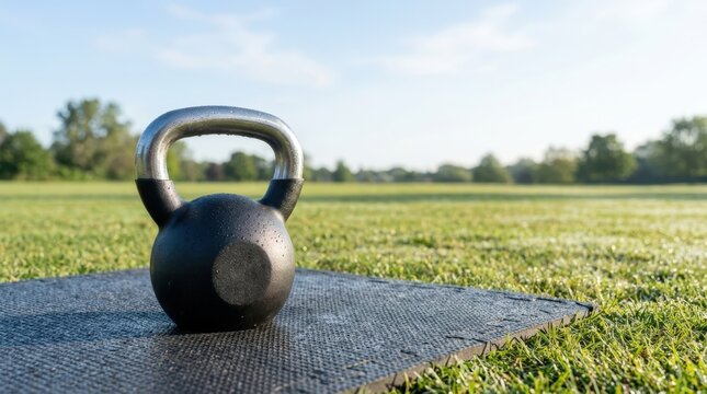 Kettlebell resting on exercise mat outdoors in park