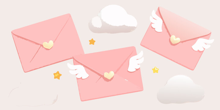 Flying love letters three pink envelopes with wings and hearts
