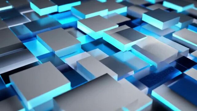 Abstract Geometric Blocks Illuminated with Blue Light Moving in Pattern