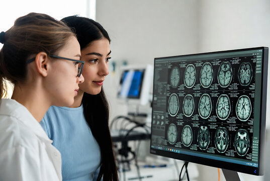 Two women are examining a computer screen displaying brain scans. They are in a medical office setting.