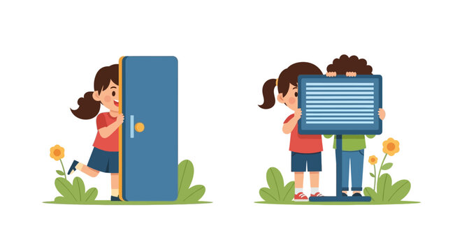 Vector illustration of a cartoon family with children and a dog playing by a house with flowers and a tree under the sun