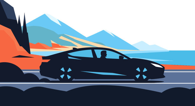 Electric car driving on scenic mountain road by ocean