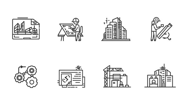 Architectural Design Icons: A series of sleek, minimalist icons showcase the process and elements of architectural design, from initial blueprints and planning to construction and finished buildings.