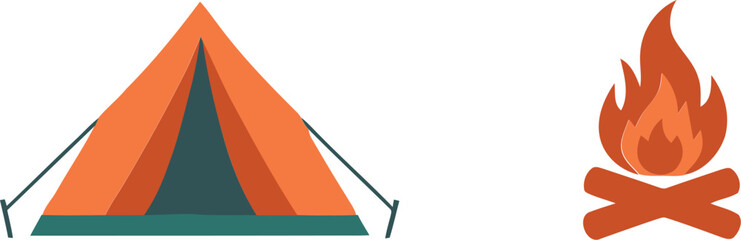 Orange camping tent and burning campfire icon set for outdoor adventure and travel design elements © azad