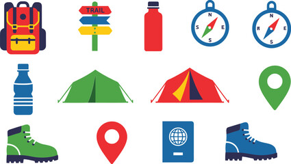 Set of colorful camping and travel icons with backpack tent compass water bottle hiking boots and navigation map pins © azad