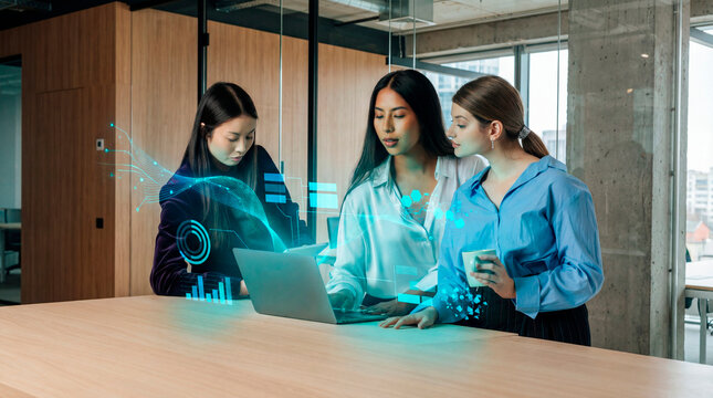 Executive women monitoring data flow on digital interface