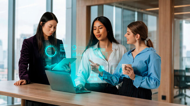 Corporate women presenting data insights on digital interface