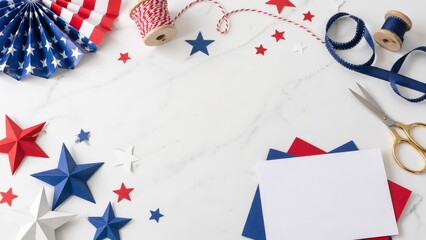 Obraz premium Patriotic craft flat lay with paper stars, ribbons and blank card on marble background