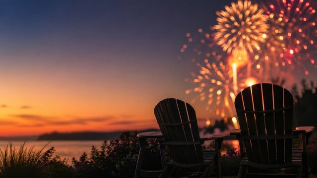 Two empty chairs watching fireworks over a lake at sunset on Independence Day
