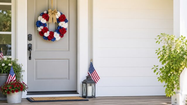 Elegant front door with patriotic floral wreath, flags and lantern for Independence Day