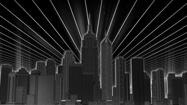 Black white cyber city skyline with glowing laser sky seamless VJ loop