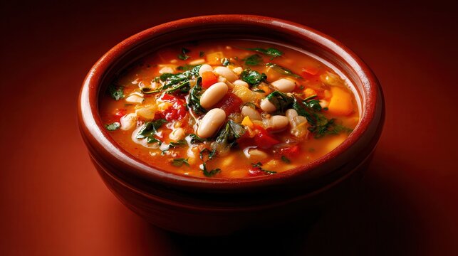 Fasolada soup in clay bowl on red background