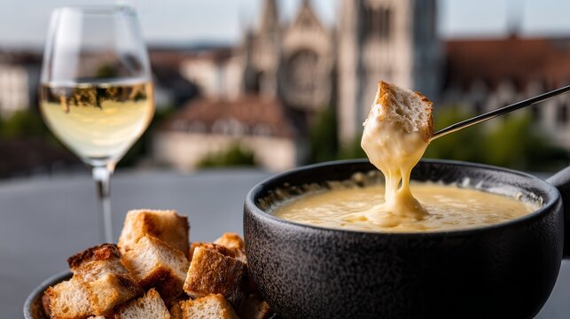 Cheese fondue served with bread and wine in Lausanne
