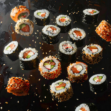 Aneka sushi roll dan nigiri di atas permukaan gelap