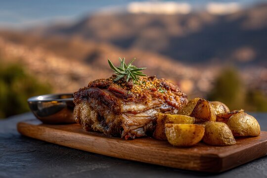 Cuy chactado served with potatoes and corn in Cusco