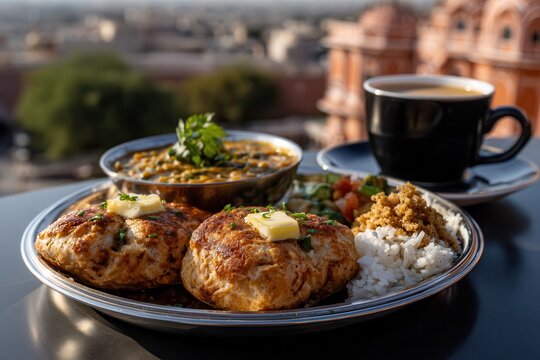 Dal baati churma served on thali with Hawa Mahal view