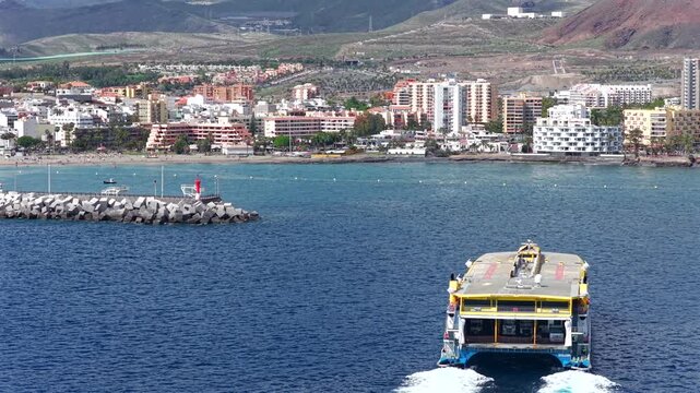 Aerial view of High-Speed Ferry Arriving in Los Cristainos in the South of Tenerife, Canary Islands
