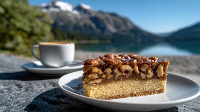 Enjoying engadiner nusstorte by lake st moritz