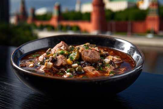 Delicious solyanka soup by Moskva River at golden hour