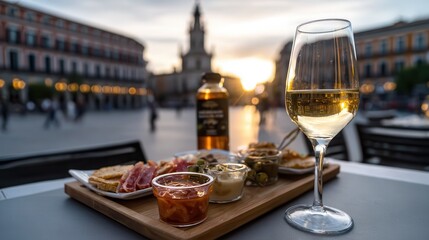 Fototapeta premium Enjoying tapas with sunset view in Plaza Mayor Madrid