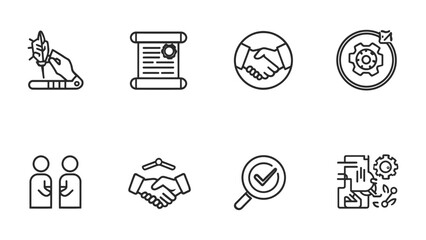 Contract and Agreement Icons: A collection of concise line-art icons encapsulates the core elements of agreement, process, and success. These icons are the visual language of business. © mahmuda428