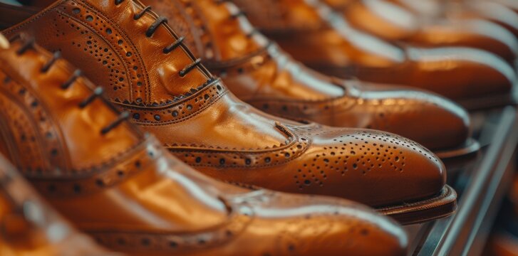 A row of brown men's leather shoes on display with beautiful laces and winged brogues.