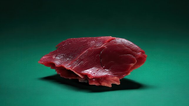 Raw buffalo meat slice on dark green background