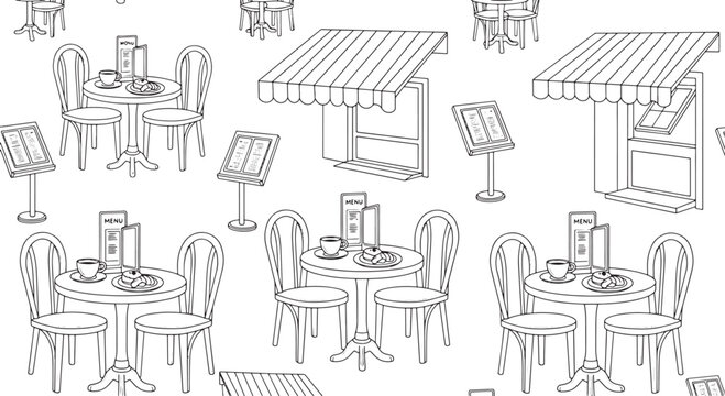 Seamless Pattern of Outdoor Cafe Tables Chairs and Restaurant Menu Stands Hand Drawn Black and White Illustration