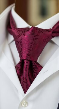 Elegant maroon patterned ascot knot against crisp white shirt