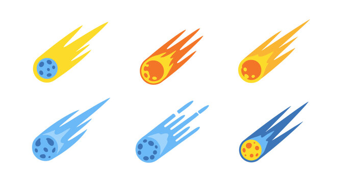A vector graphic illustration of six colorful comet icons in motion