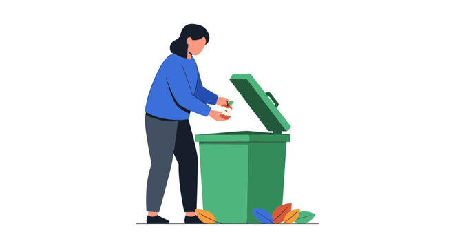 A man throwing away trash into a green recycling bin outside