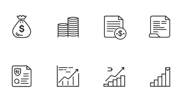 Financial icons for business and finance: A collection of concise icons representing financial concepts and business related elements. Clear, neat, and minimalist.
