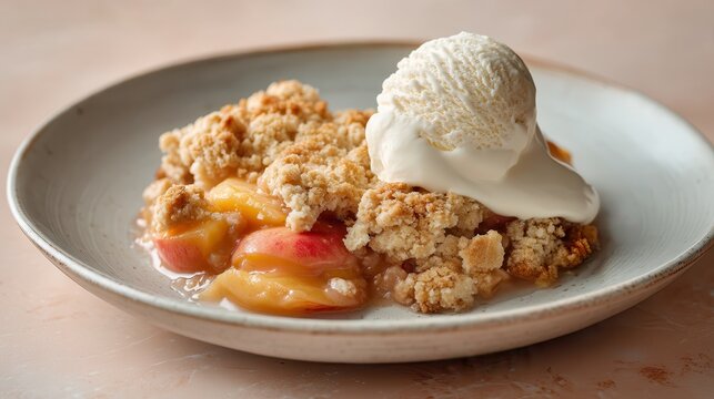 Georgia peach cobbler with melting ice cream on a plate