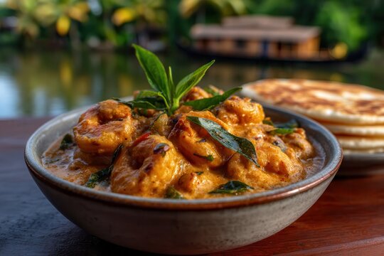 Enjoying prawn coconut curry with appam in Kerala