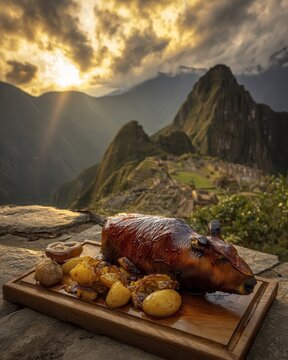Cuy chactado served with roasted potatoes at Machu Picchu