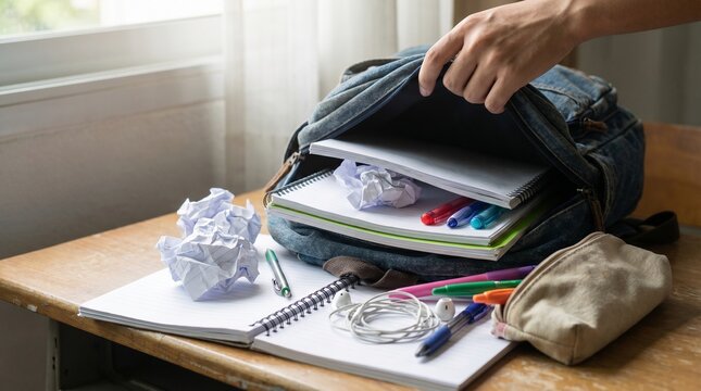 A diligent student organizes a study desk, packing essentials into a backpack for school, reflecting the routine of academic preparation and focused learning