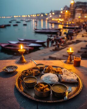 Enjoying thali by the Ganges during evening aarti ceremony