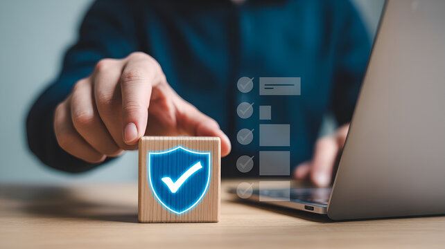 Hand placing wooden block with checkmark and shield icon on laptop.
