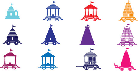 Fototapeta premium A set of vector illustrations with icons of various world travel attractions and vacation castles in an artistic city building design.