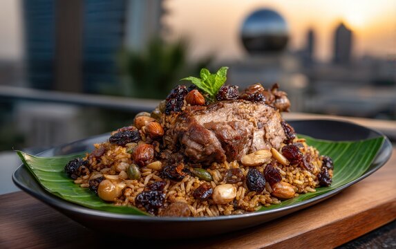 Experience kabsa with lamb leg in Riyadh during golden hour