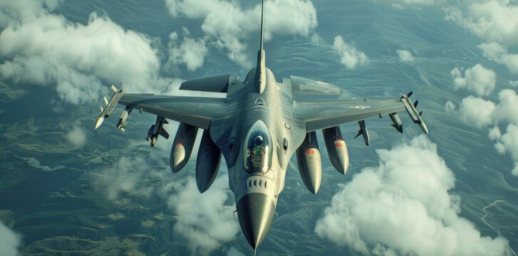 Fighter jet flying over the sky, top-down view.