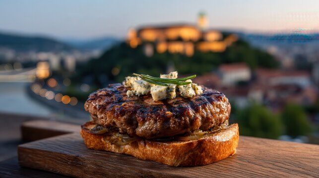 Grilled pljeskavica with onions and cheese by Kalemegdan