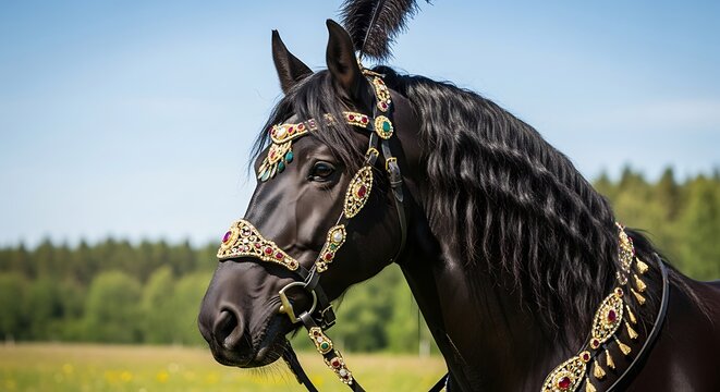 Elegant black horse adorned with ornate, jeweled bridle and feather plume
