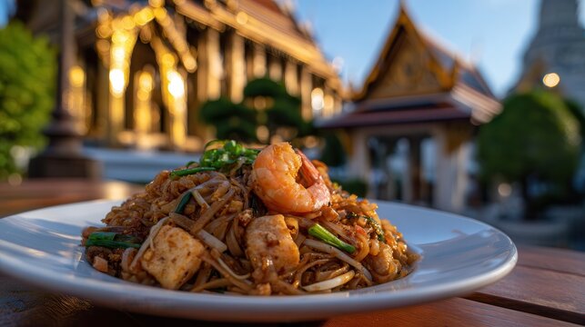 Pad thai with shrimp and tofu near Wat Phra Kaew in Bangkok