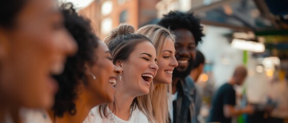 Obraz premium Diverse Friends Row Laughing Outdoor Urban Market