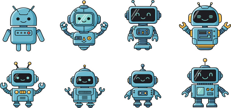Cute Robot Character Set Collection with Friendly AI Mascot Designs, Cartoon Android Avatars for Technology Apps Games and Branding Projects