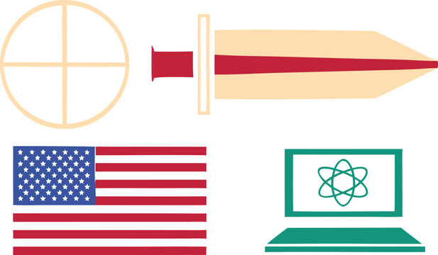 Iran and us flags with laptops and missile, global war escalation concept