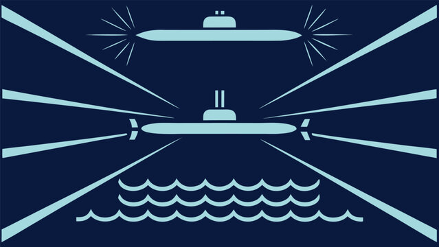 Of two submarines underwater, naval war scene with spotlights