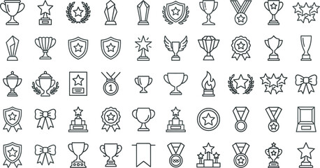 Comprehensive collection of award line icons featuring trophies, medals, stars, laurel wreaths, and winner cups for celebrating success, achievement, competition, and leadership excellence in design. © Imran