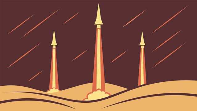 Ballistic missiles launching from desert, warhead explosion